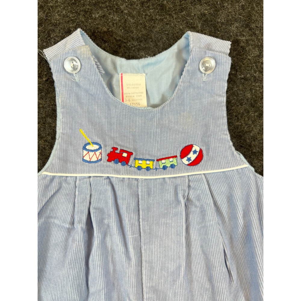 Vintage 90s Light Blue Corduroy Toy Train Embroidered Romper 3-6 Months 17156